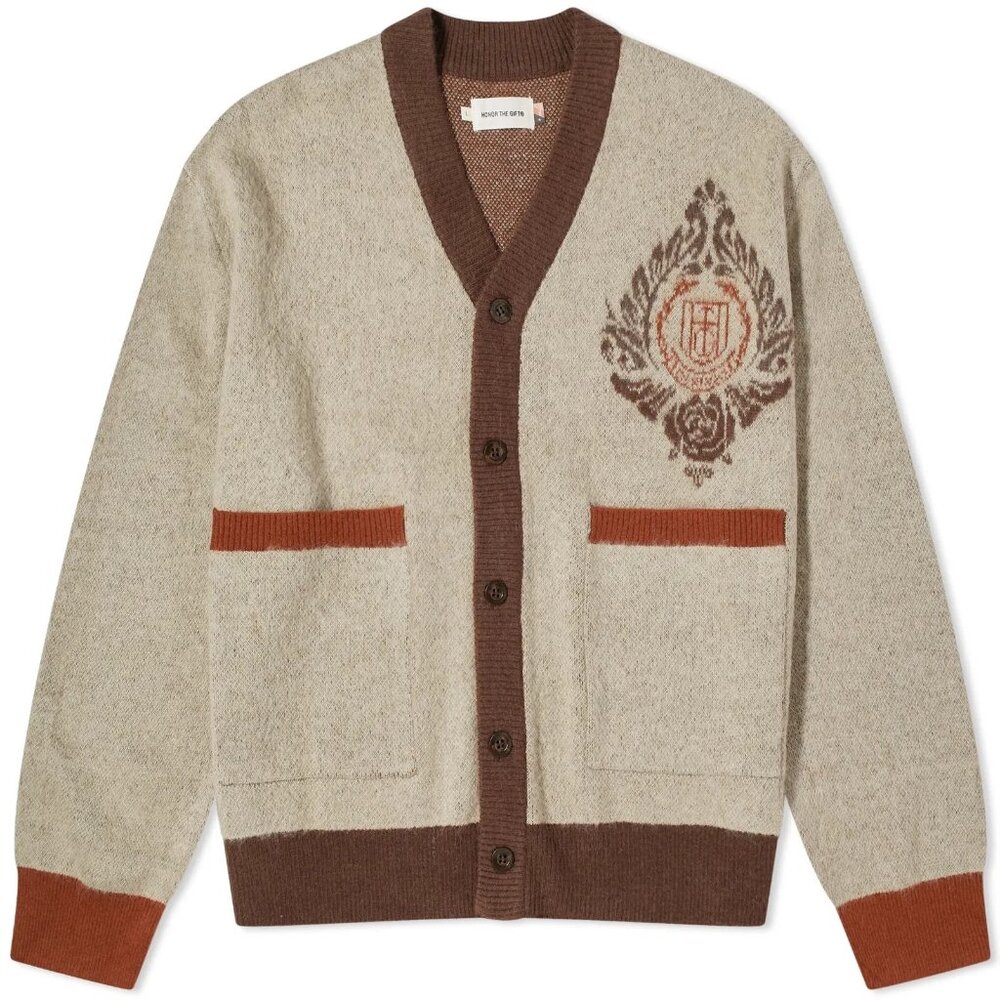 HONOR THE GIFT Mens Crest Emblem Knit Cardigan Sweater Brown Tan Size L